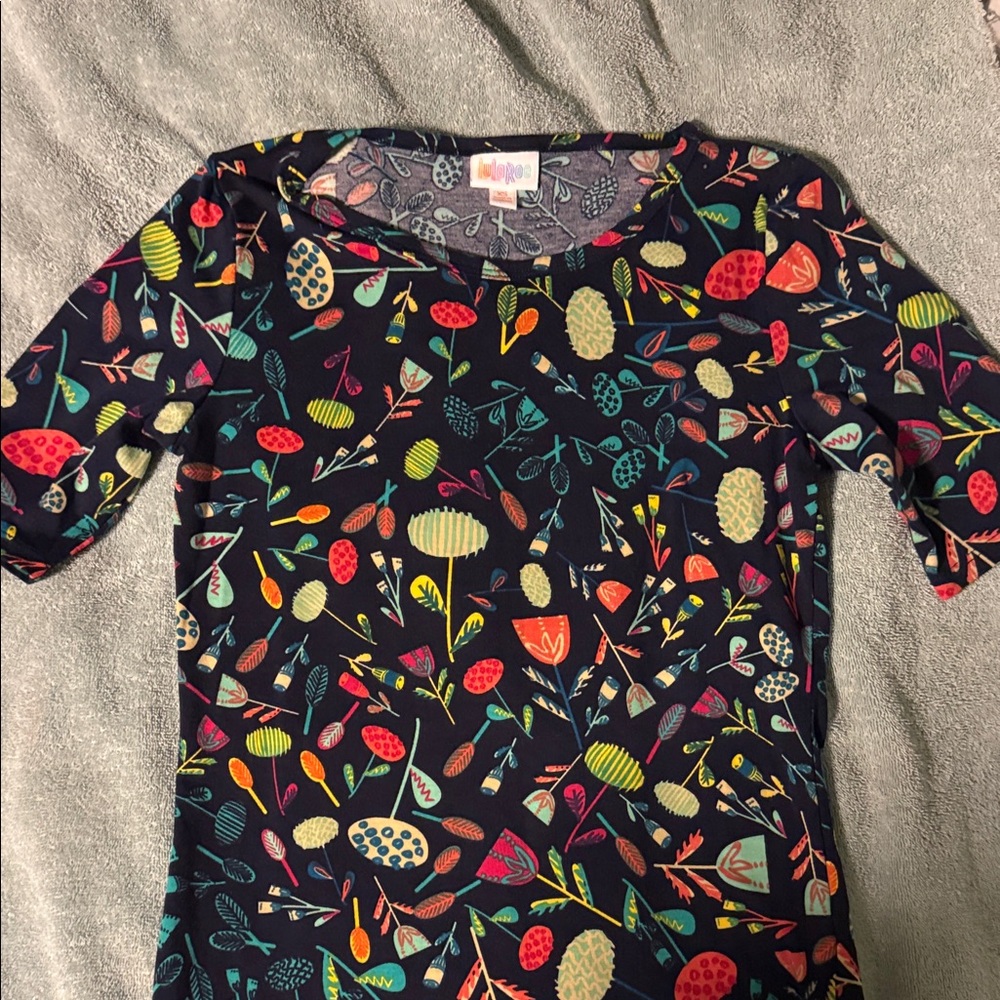 LuLaRoe Blue Tee with Bright Multicolor Botanical Print
